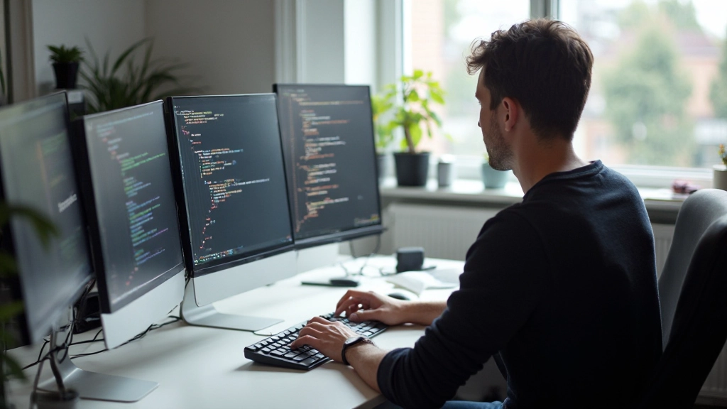 Moderne webontwikkelaars werkplek met meerdere schermen en code editor open, toont professionele ontwikkelingsomgeving
