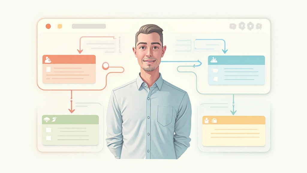Diagram van een HTML-pagina met semantische elementen duidelijk gelabeld: header, nav, main, article, section, footer in verschillende kleuren
