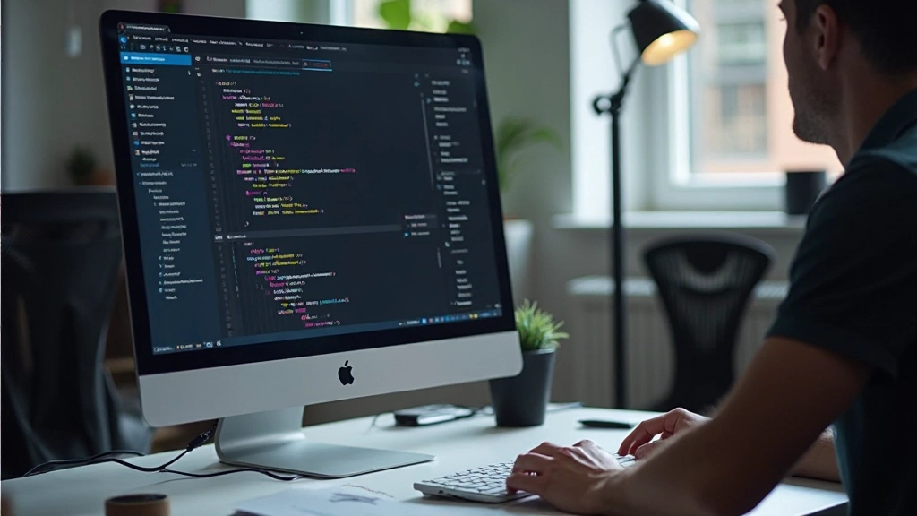Moderne webontwikkelingsworkspace met computer en code-editor